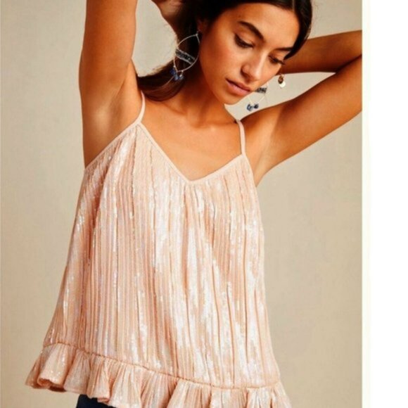 NWT Anthropologie Peach Pink Sequin Peplum Sleeveless Dress Tank Top Camisole 8